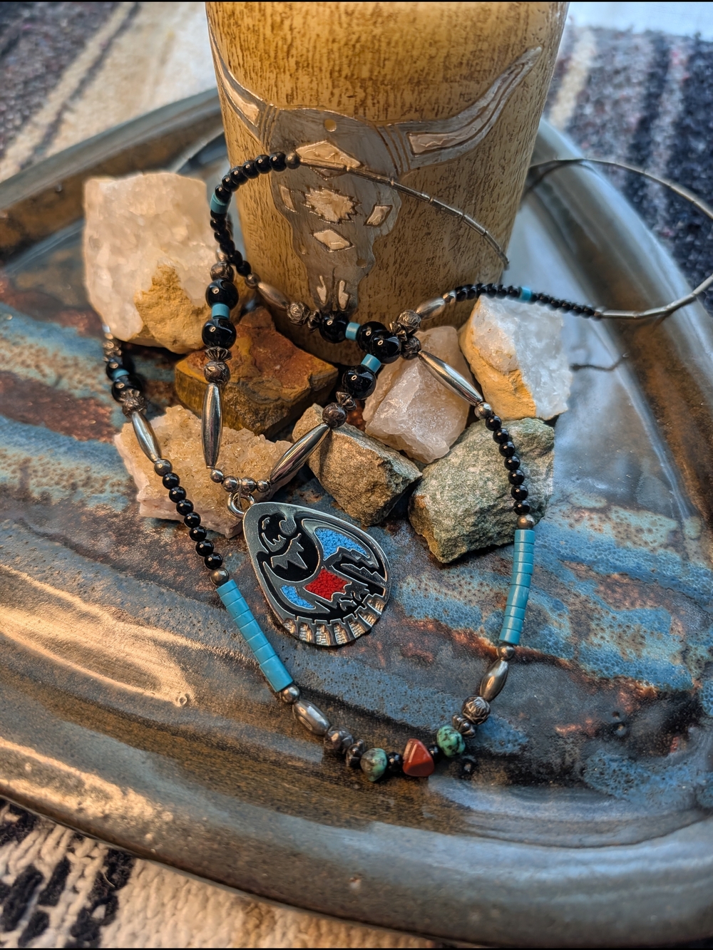 Handcrafted Turquoise and Black Inlay Pendant Necklace